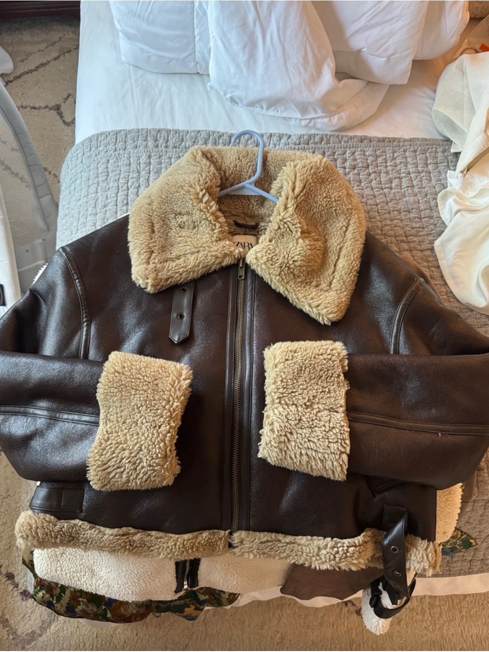 Zara Brown Leather Bomber Jacket with Cream Shearling Trim